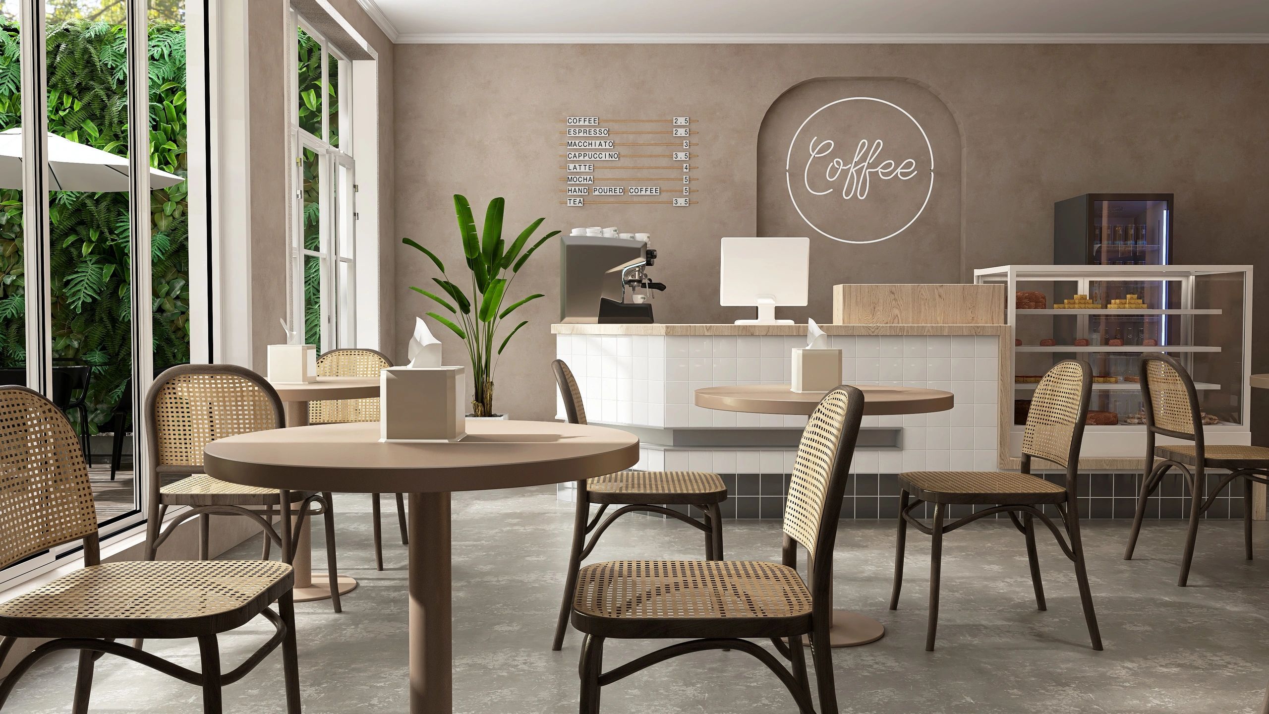 Modern premium coffee shop interior with espresso bar and seating